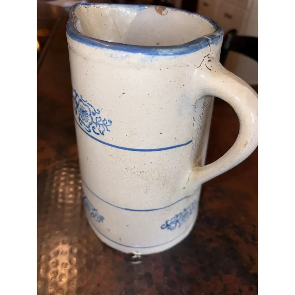Antique Blue White Stoneware Pitcher Hull Band Stripe Flower Medallion Design